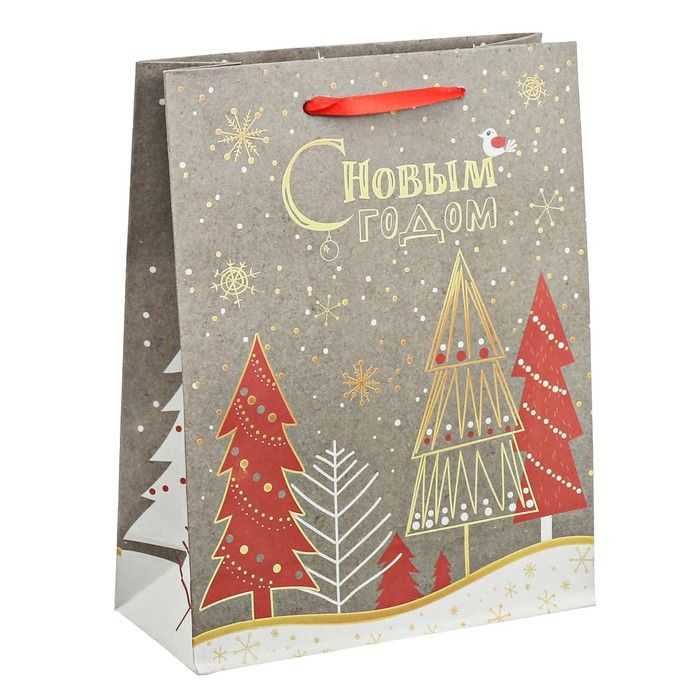 Пакет вертикальный крафт «Новогодние ёлки», 18 х 23 х 8 см