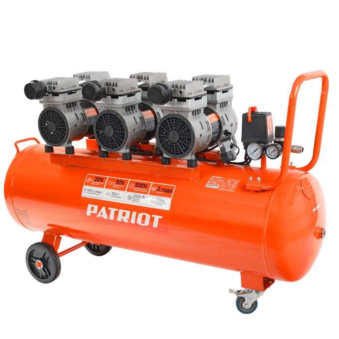 Компрессор поршневой безмасляный Patriot WO100-440, 2500 Вт, 440 л/мин, 100 л, "елочка"