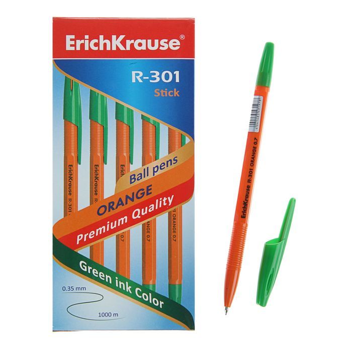 Ручка шариковая Erich Krause R-301 Orange Stick, узел 0.7 мм, чернила зелёные, длина линии письма 2000м, штрихкод на ручке